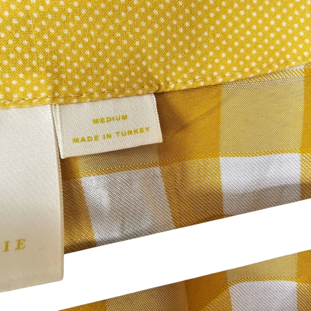 Maeve April Babydoll Gingham Blouse Gold White Button Puff Sleeve V-Neck M
